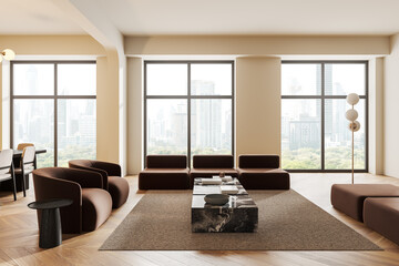 Stylish home living room interior with relaxing and dining zone, window