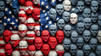 Obraz premium An intricate blend of human faces emerges from a textured American flag, reflecting diversity and unity with vibrant colors and smooth surfaces