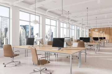 Modern open space office interior with large windows and city view. 3D Rendering