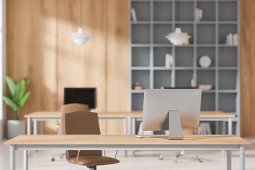 Coworking space in office room interior with furniture and shelf. Mockup