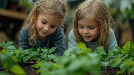 happy siblings looking at growing plants after decorating easter eggs
