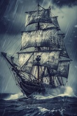 Antique Ship in Storm, Vintage Pirate Boat, Historical Sailboat, Copy Space