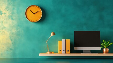 Modern Minimalist Home Office Setup with Desk Clock, File Cabinet, and Monitor Riser under Task Lighting