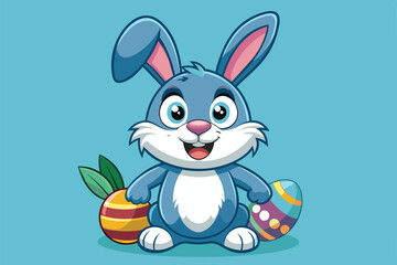 Obraz premium A cheerful bunny sits with colorful Easter eggs, perfect for customization in festive illustrations and seasonal decorations.