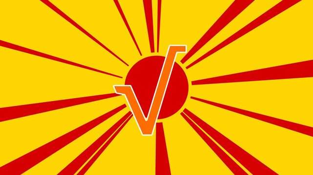 Square root symbol on the background of animation from moving rays of the sun. Large orange symbol increases slightly. Seamless looped 4k animation on yellow background