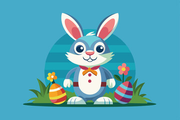 A cute, customizable Easter bunny stands proudly with vibrant eggs and blooming flowers in a cheerful spring atmosphere.