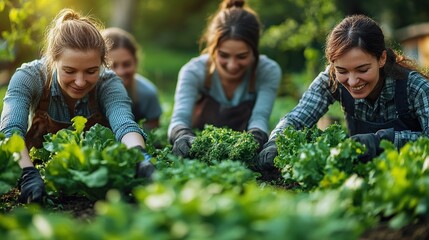 happy young, old farmers or gardeners working outdoors at community farm
