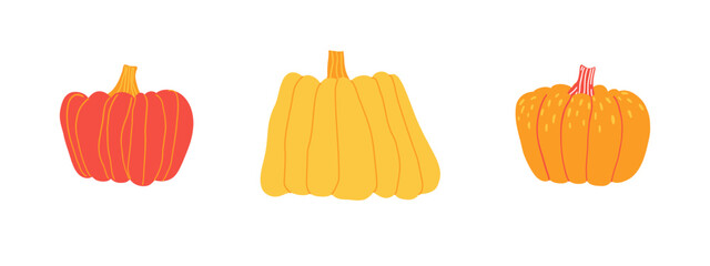 A set of pumpkins of different shapes. Autumn, pumpkins, orange. Vector illustration in flat style.