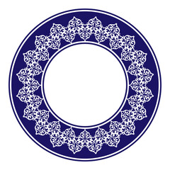 Vector blue and white round Kazakh national ornament. Ethnic pattern of the peoples of the Great Steppe, Kazakh, Mongols, Kyrgyz, Kalmyks, Buryats. Circle, frame border. For ceramics, embroidery