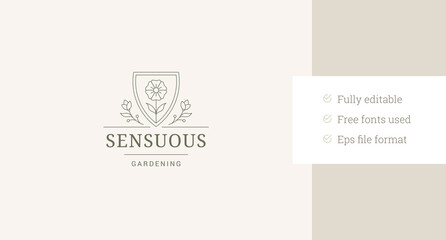 Natural flower in shield line art logo design template for beauty salon vector illustration. Beautiful organic floral botany linear logotype for spa wellness cosmetology skin hair care cosmetic brand