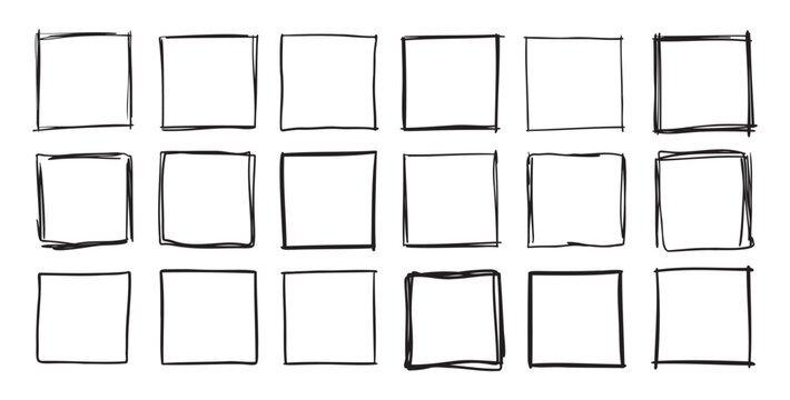 Hand drawn square frames. Doodle line square frame. Vector borders grunge template set.