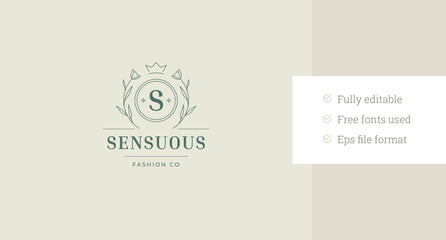 Luxury letter in crown with flower line art logo design template for wedding invitation vector illustration. Botanical blossom floral tulip linear logotype for premium beauty salon cosmetic brand shop