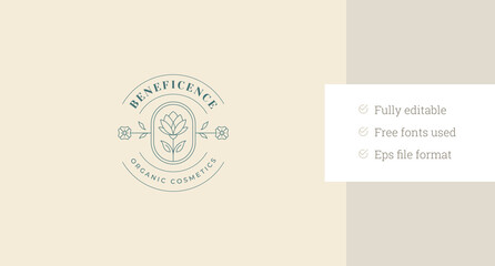 Natural blossom flower circle line art logo design template for spa wellness vector illustration. Beautiful elegant floral lotus linear logotype for skin hair care cosmetic brand cosmetologist