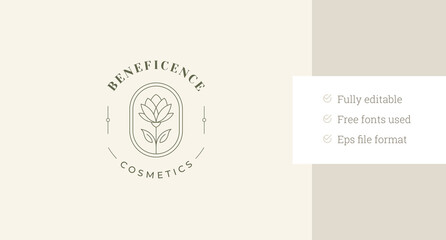 Beauty lotus flower line art logo design template for cosmetic brand vector illustration. Organic spa blossom floral minimalist ellipse linear logotype for wellness cosmetology makeup artist studio