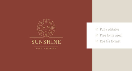 Sacred sun with beam character line art logo design template for beauty brand vector illustration. Summer sunny sunscreen cosmetic minimalist linear logotype for sunbathing makeup artist