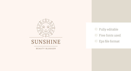 Beautiful bright sun character minimalist line art logo design template for spa vector illustration. Summer sunny mythology light beam linear logotype for cosmetology beautician plastic surgery clinic