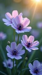 Fototapeta premium Delicate Lavender Cosmos Flowers Bathed in Soft Sunlight Creating Tranquil Phone Wallpaper
