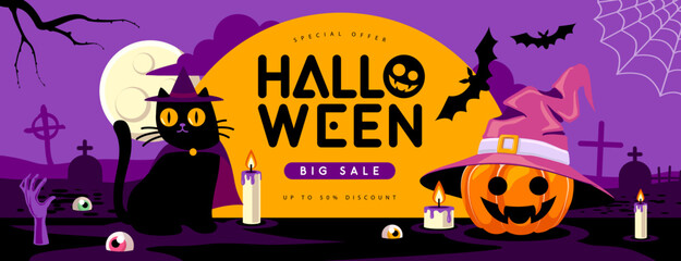 Halloween flat big sale poster with black cat, full moon, halloween pumpkin, burning candles and cemetery. Halloween spooky background. Vector illustration