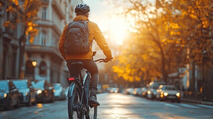 hipster businessman commuter with electric bicycle traveling to work in city