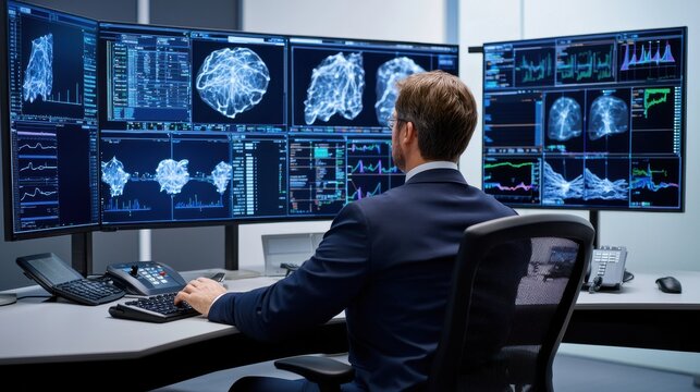 Businessman analyzing data on multiple high-tech computer screens