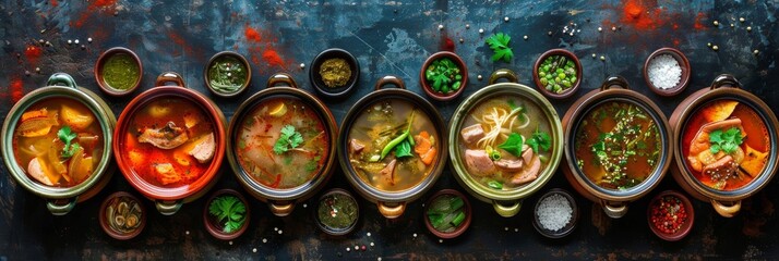 Asian Soups Set with Kespe Soup, Kullama or Beshbarmak, Fish Soup Bouillabaisse