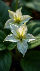 Obraz premium Elegant White Trillium Flowers Showcasing Star-Shaped Petals and Lush Greenery for Phone Wallpaper