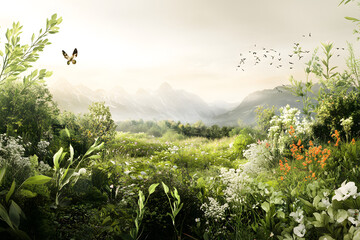 Naklejka premium Beautiful nature landscape with lush greenery, wildflowers, and mountains in the background, ideal for peaceful, calming, and relaxing nature videos, perfect for meditation and stress relief.