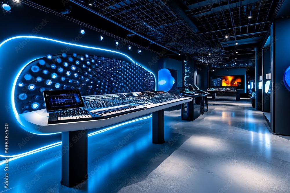Poster futuristic sound laboratory, where visitors experiment with electronic music creation using advanced
