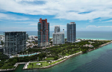 Naklejka premium Miami Beach, Florida, United States. Drone shot of Miami on sunny day. Miami Beach, wonderful aerial view of buildings. Aerial view of Miami Beach, South Beach, USA.