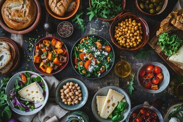 Fried Vegetable Salad, Green Mix Meat and Chickpeas, Cheese Plate and Freshly Baked Bread