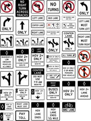 Complete Collection of Directional and Lane Control Road Signs: No Turns, U-Turns, Lane Use, HOV, and Preferential Lanes for Traffic Guidance and Safety, Road signs in the United States. © fatih