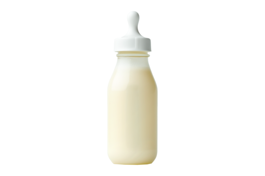 Baby bottle filled with milk with nipple isolated on white background. Concept of baby feeding and nutrition