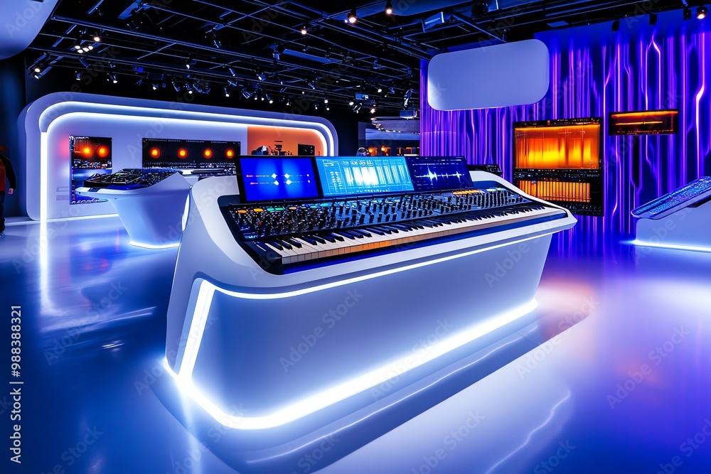 Poster futuristic sound laboratory, where visitors experiment with electronic music creation using advanced