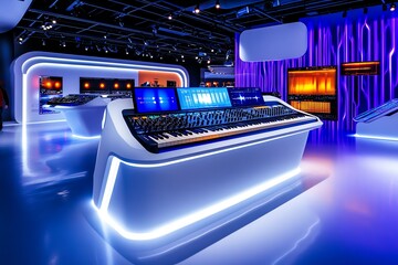 Futuristic sound laboratory, where visitors experiment with electronic music creation using advanced technology in a sleek music museum