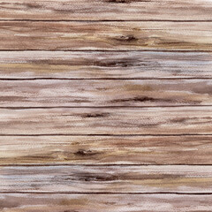 Old ancient building exterior wall made of dray wooden boards. Hand drawn watercolor illustration. Horizontal wood plank surface, textured background. For wallpaper template banner