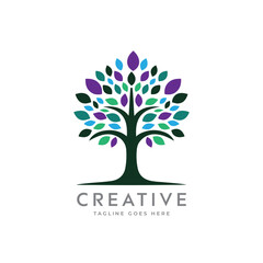 Obraz premium Creative artistic tree logo concept. eco friendly tree logo. Colorful leaf tree logo. minimalist tree vector icon logo