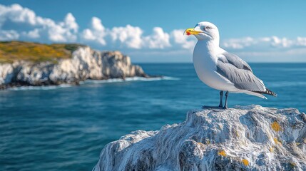 California coastal scenes featuring a seagull perched on a weathered rock by the Pacific Ocean. Blue skies, gentle waves, and natural beauty of a peaceful West Coast adventure