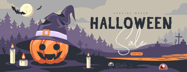 Halloween flat big sale poster with pumpkin in witch hat, full moon, burning candles and cemetery. Halloween spooky background. Vector illustration