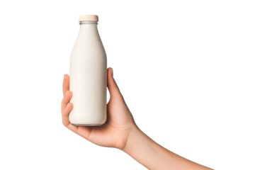 Hand holding a glass bottle of milk isolated on white background. Concept of dairy product and healthy living
