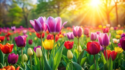 Tulips rise from the earth, bursting with vibrant color, amidst a peaceful, green meadow, bathed in soft, diffused light.