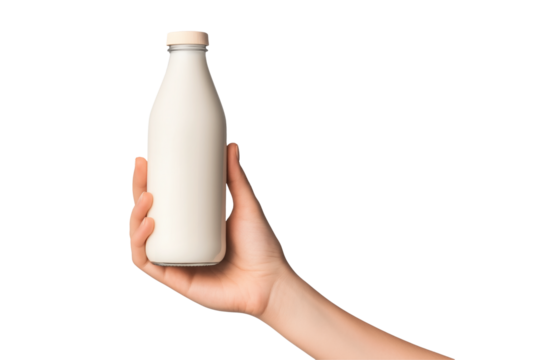Hand holding a glass bottle of milk isolated on white background. Concept of dairy product and healthy living