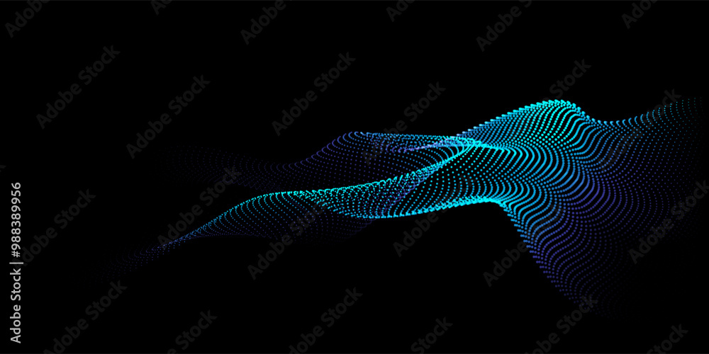 Aufkleber Flowing dots particles wave pattern 3D curve halftone blue green gradient curve shape isolated on black background. Vector in concept of technology, science, music, modern.
