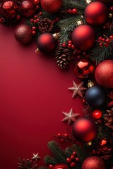 Bright holiday decorations on a red backdrop convey warmth and joy, ideal for e-commerce banners or gift packaging in winter campaigns.