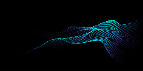 Flowing dots particles wave pattern 3D curve halftone blue green gradient curve shape isolated on black background. Vector in concept of technology, science, music, modern.