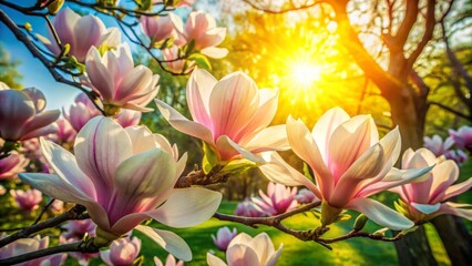 Sun-drenched summer magnolia flowers, as big as a human head, unfurl with tender petals, against a backdrop of lush greenery and soft, feathery tree branches swaying gently.