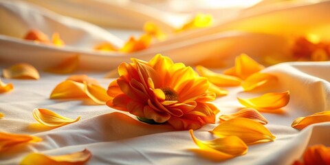 Obraz premium Vibrant orange and yellow petals unfold delicately on a white sheet under a soft warm glow evoking feelings of peacefulness.