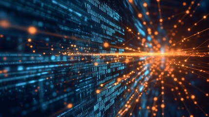 Fototapeta premium Dynamic abstract visual of glowing data streams and particles illuminating a digital landscape at night