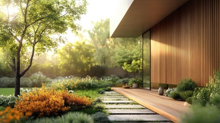 Obraz premium Serene garden landscape with modern architecture and vibrant flora.