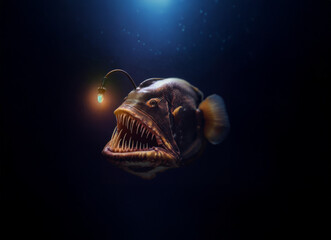 A deep sea fish with a glowing lure on its head and sharp teeth.