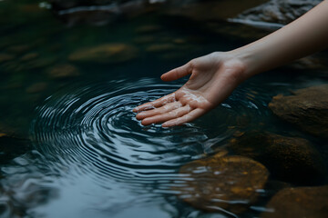 Hand touching water, nature connection, water Hand gently touching calm water creating ripples, symbolizing nature connection, mindfulness, serenity, tranquility, and peaceful meditation in a soothing
